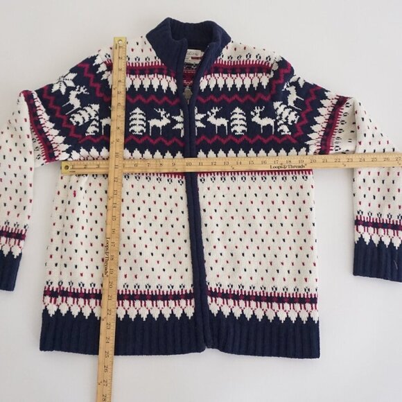 Vintage Tradition White Blue Red Winter Reindeer Snowflake Zip Up Sweater M - Picture 4 of 11